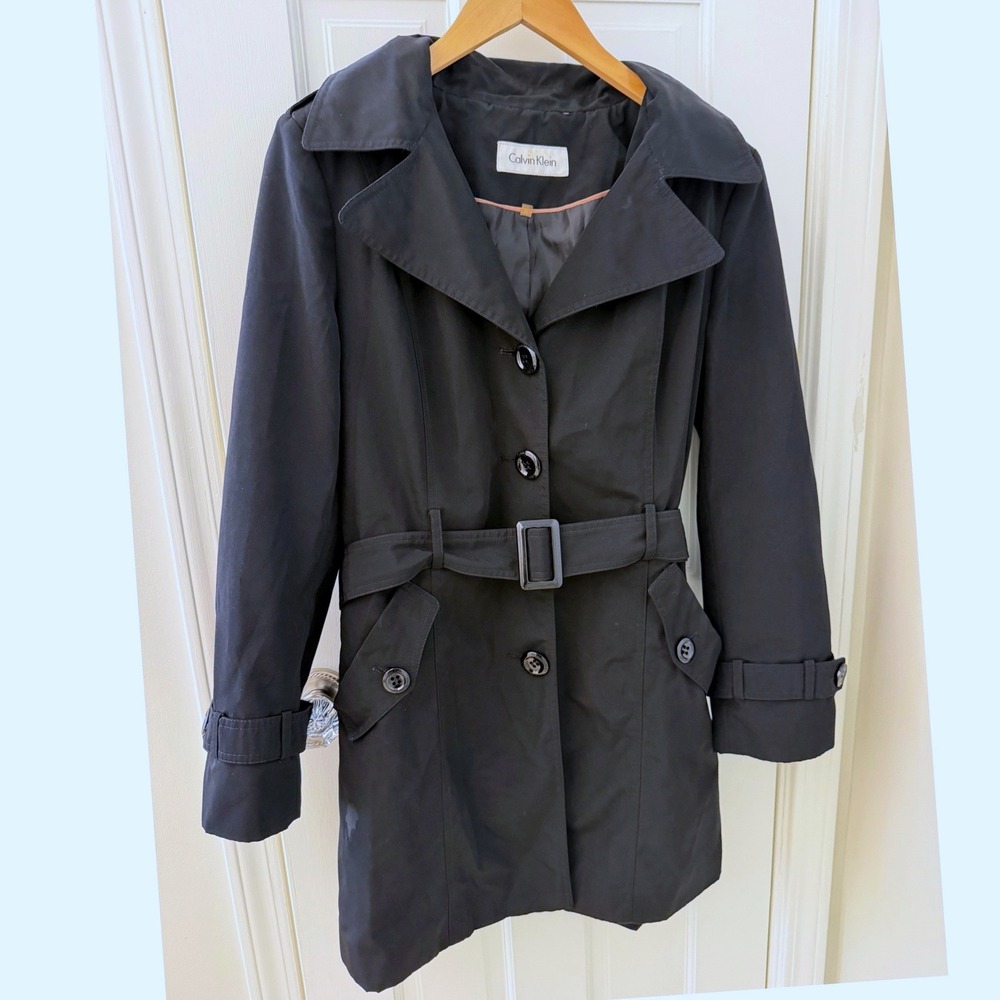 Calvin Klein Hooded Belted Trench Coat Black Size M Classic Professional